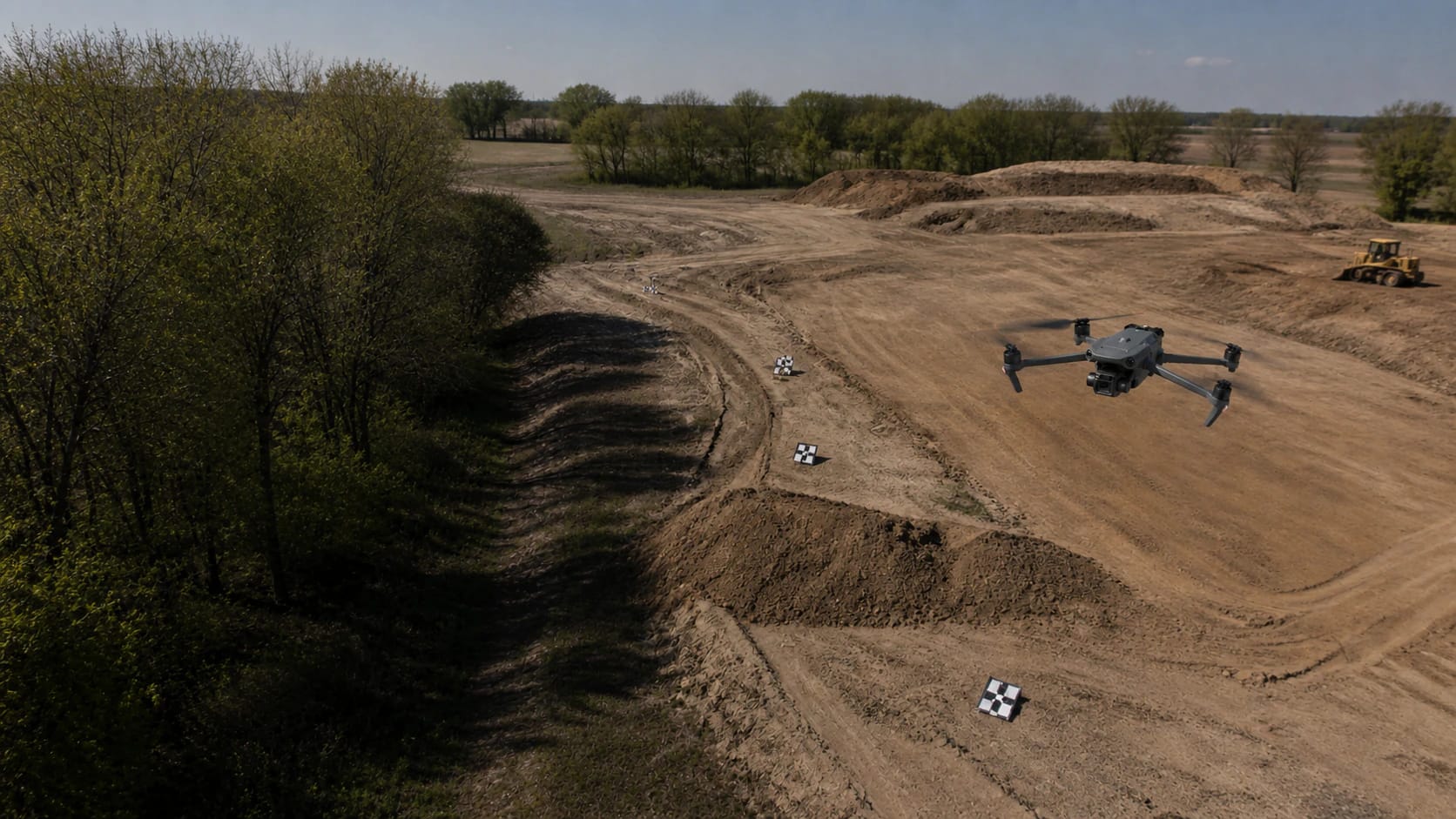 DJI Mavic 3 Enterprise flying a mapping route over a graded construction site with survey targets