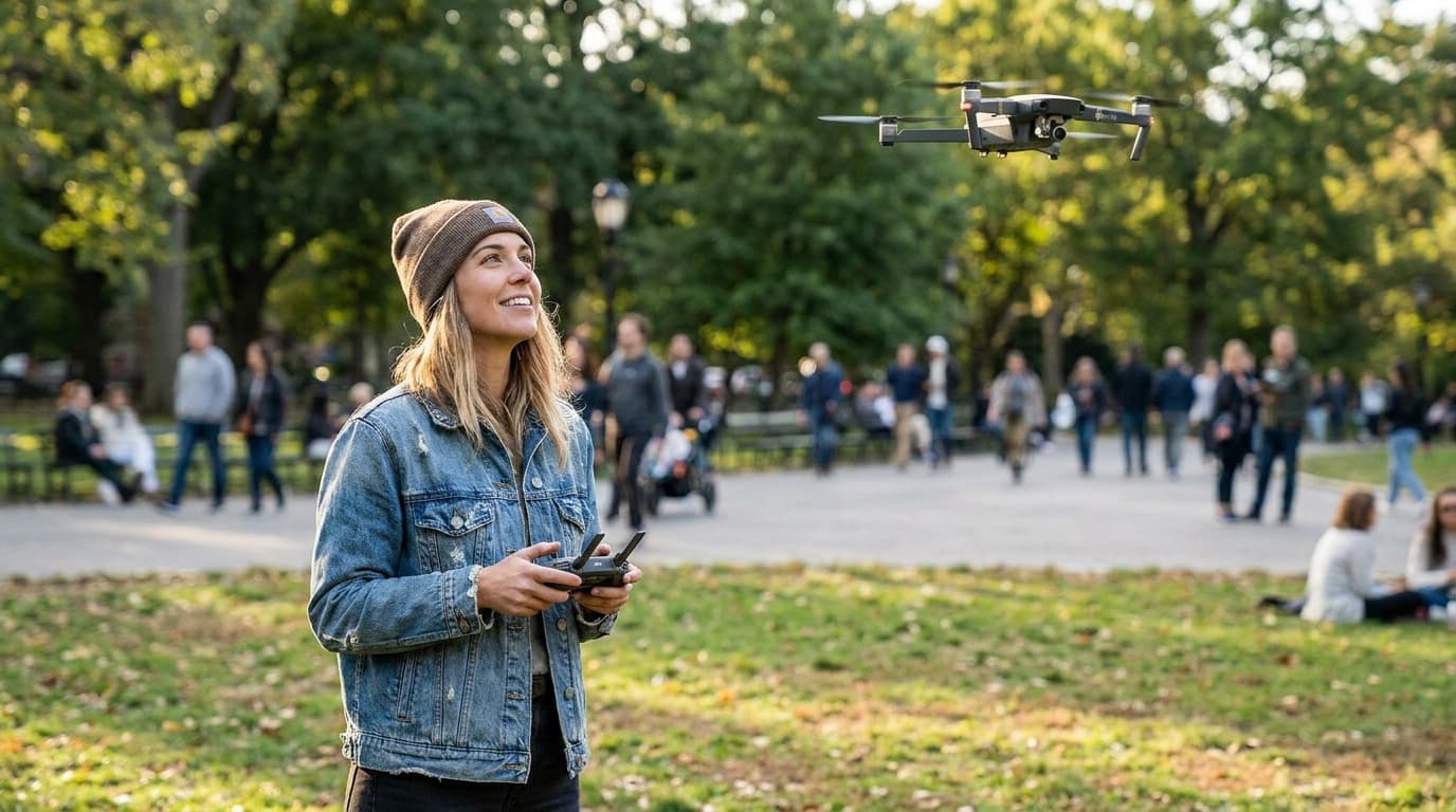 A beginner flying a small drone in an open park