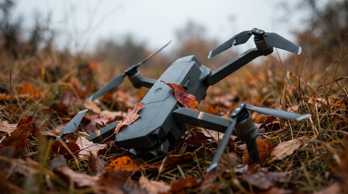 Crashed camera drone lying in autumn grass with a bent propeller