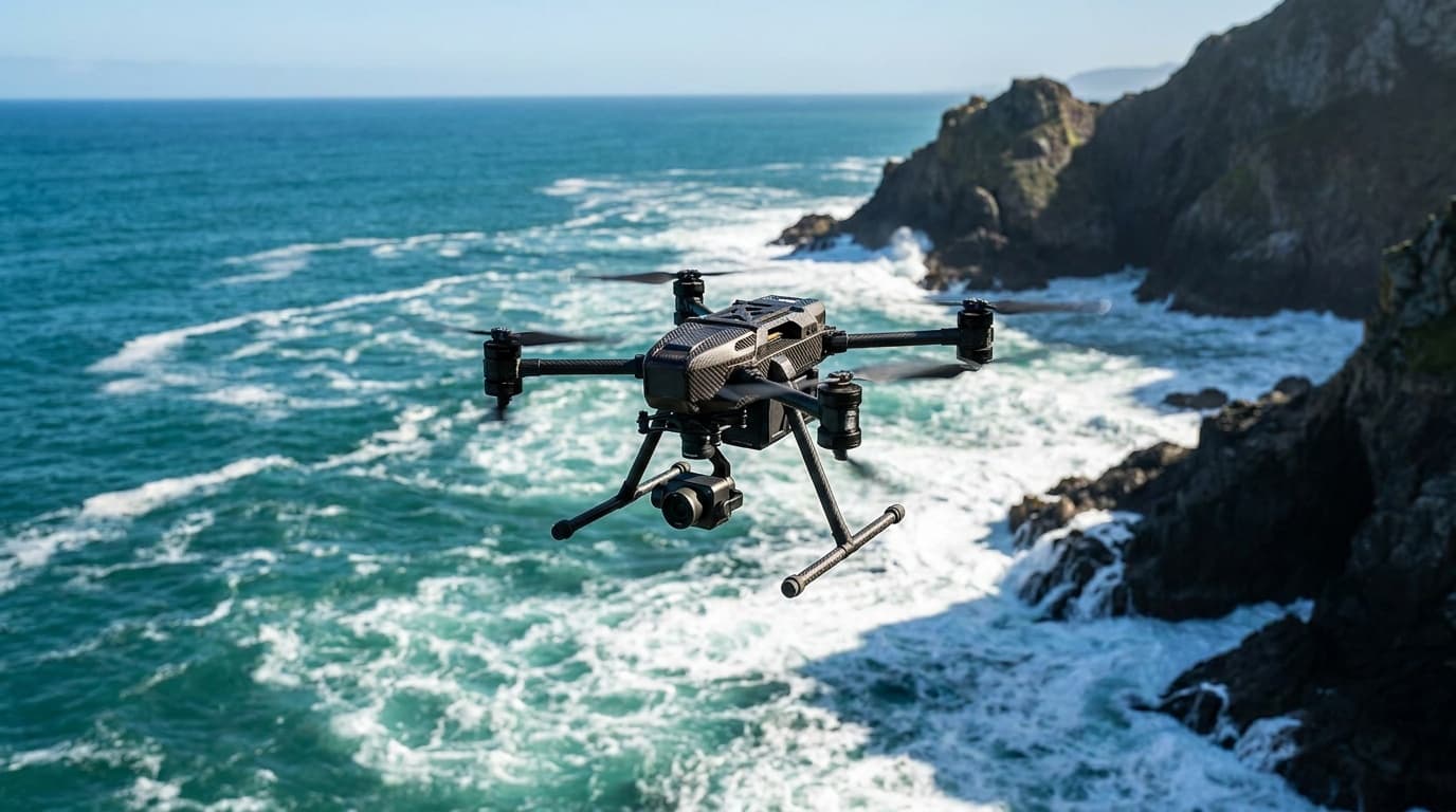 Aerial shoreline and open water, matching Great Lakes drone airspace, used as regional context for Minnesota drone laws
