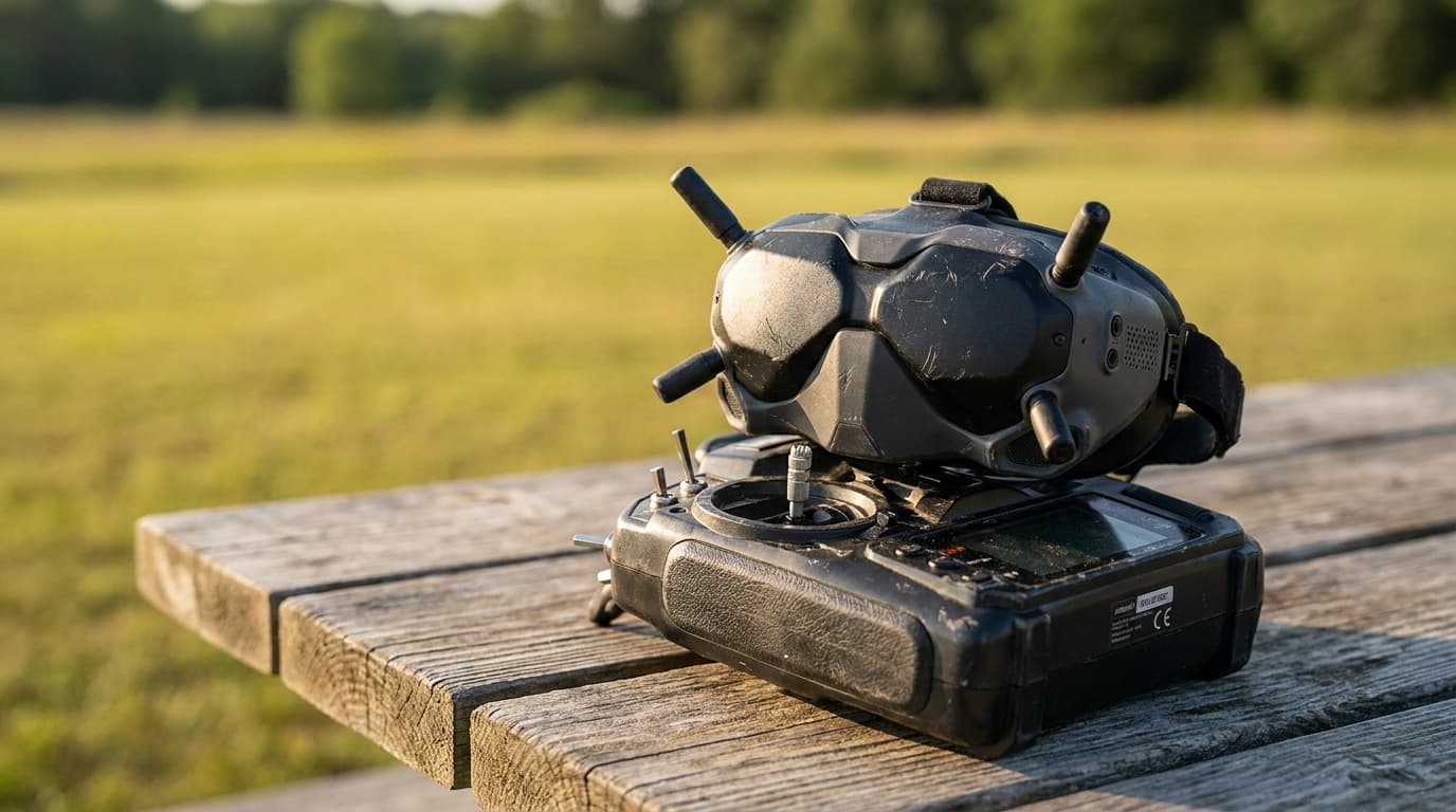 Drone controller and goggles used to prepare for a paid pilot assignment