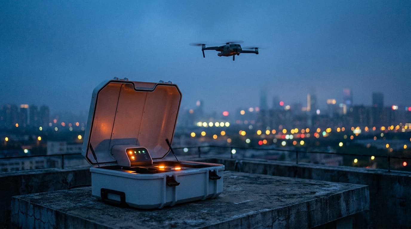 Drone docking station on a rooftop, one of the seven equipment categories the FCC proposal would define as military-grade
