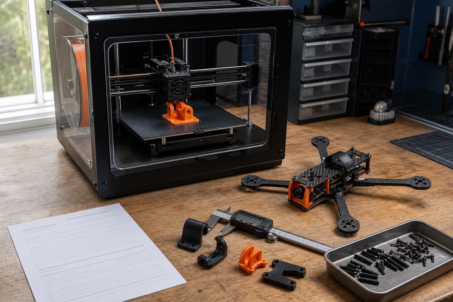 FDM printer making a bright drone mount beside a prop-free FPV quad, calipers, and workshop hardware