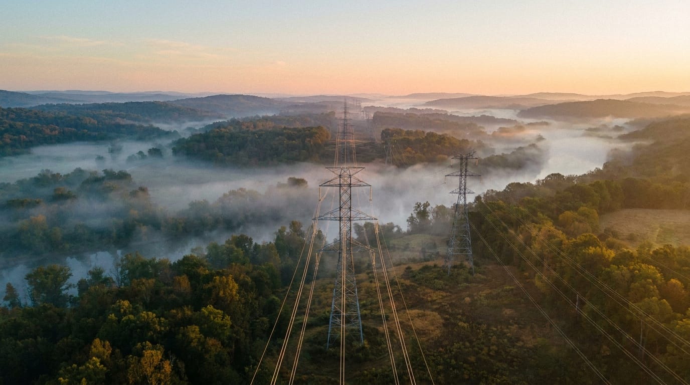 Aerial view following a power transmission corridor across wooded terrain