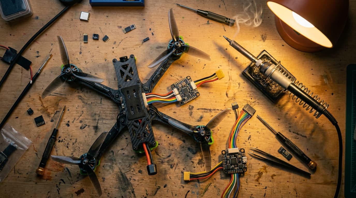 FPV quad components arranged on a repair and build bench