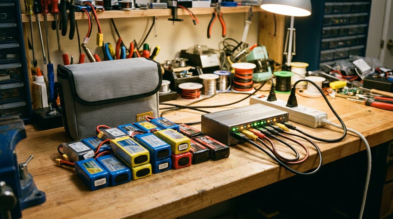 LiPo packs and charger at an organized charging station