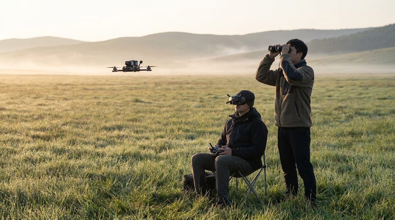 FPV pilot in a field with goggles and radio