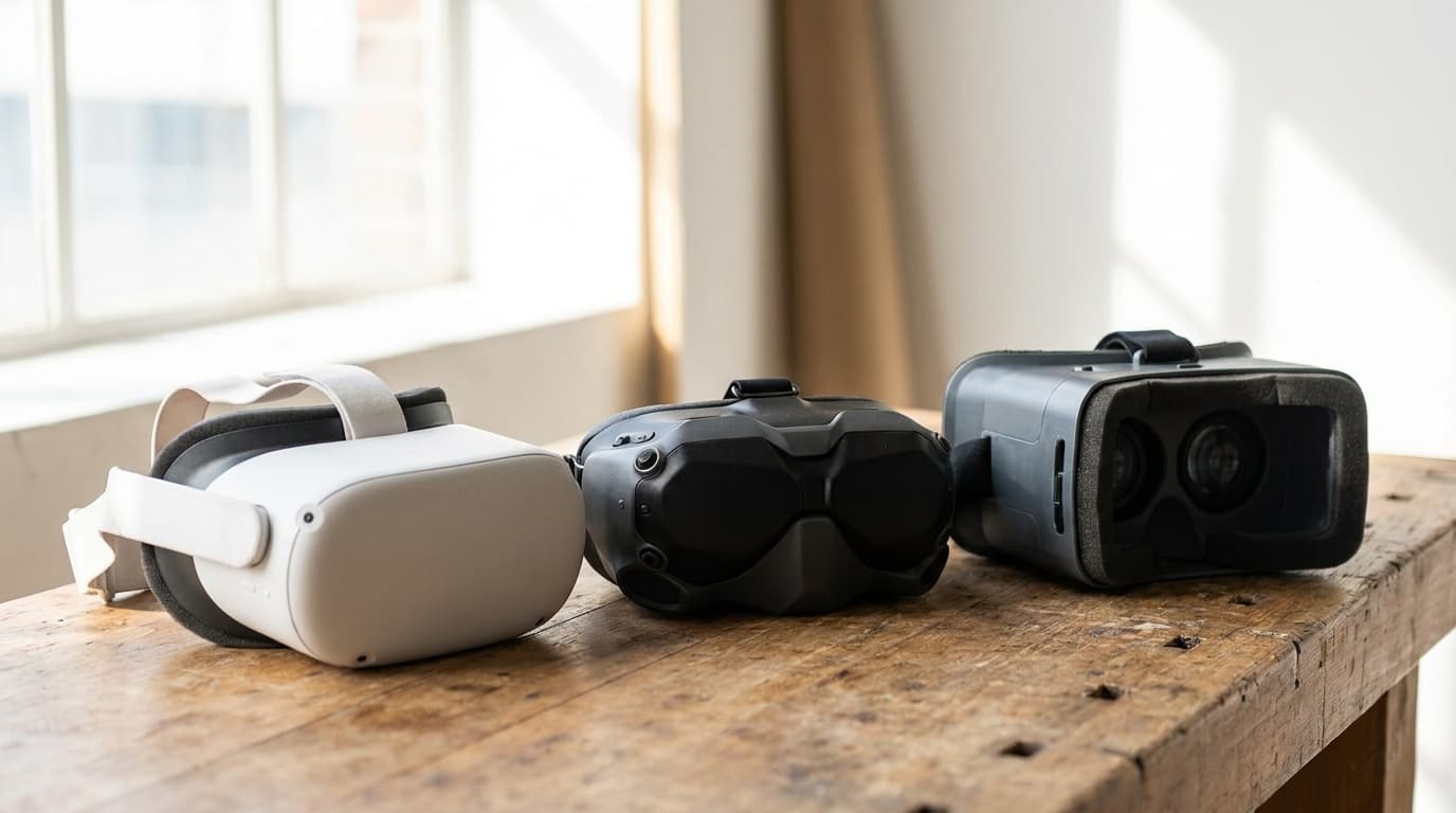 Binocular and box-style FPV goggles side by side