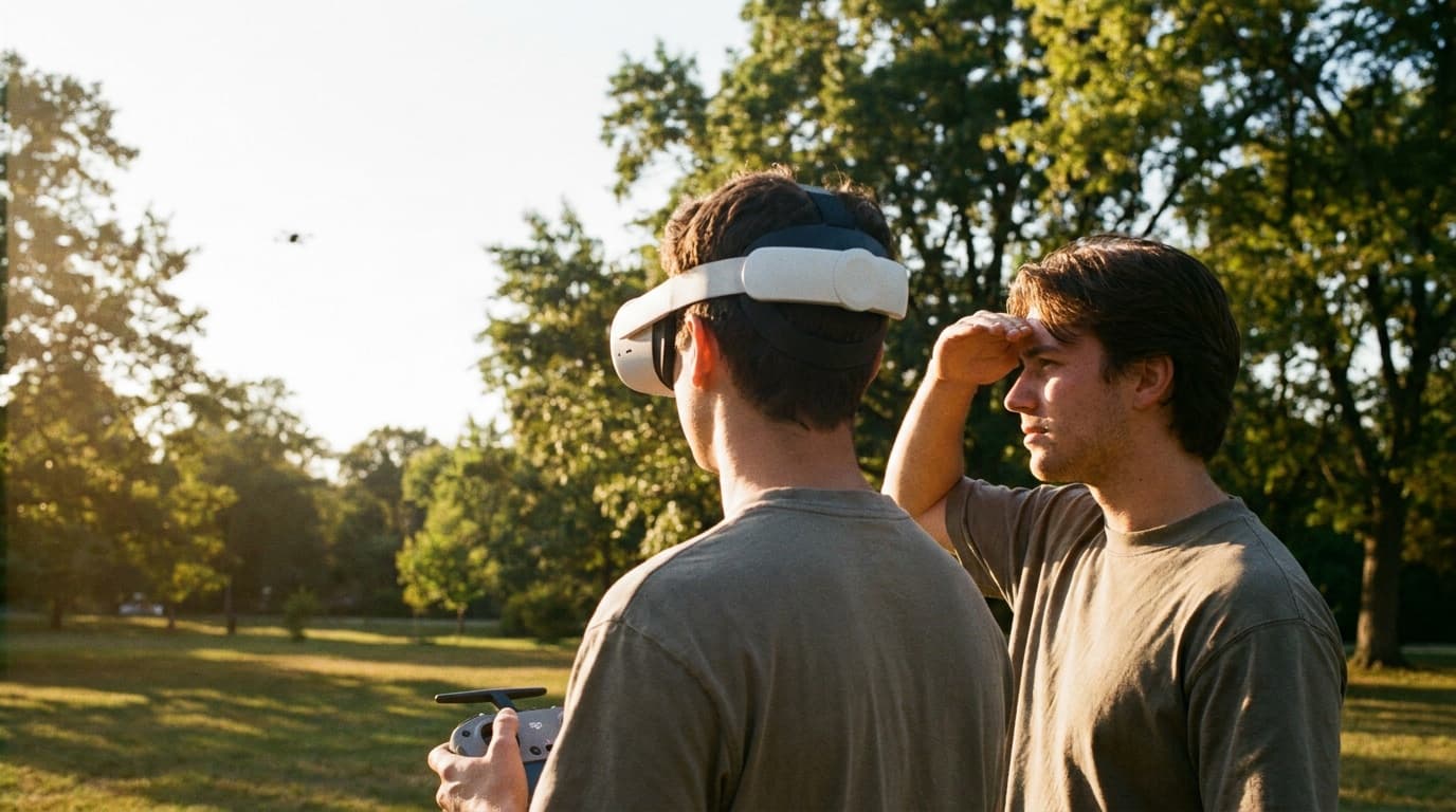 FPV pilot flying with a visual observer in a park