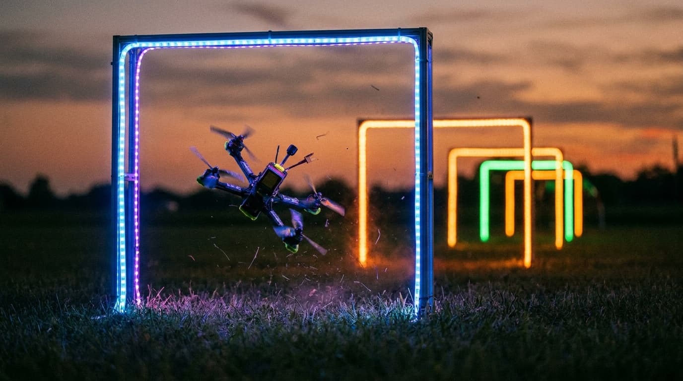FPV racing quad mid-flight through a course gate