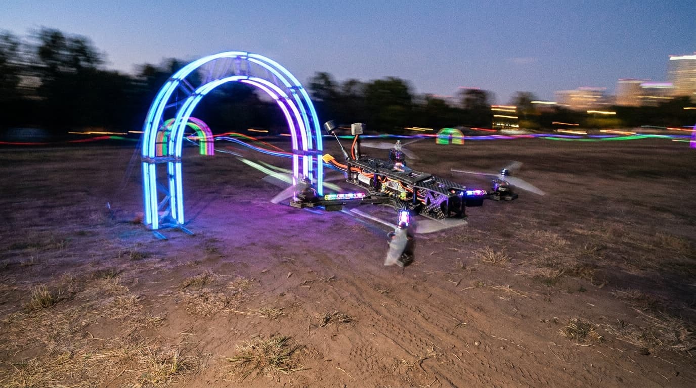 FPV drone racing gate set up in an open flying field