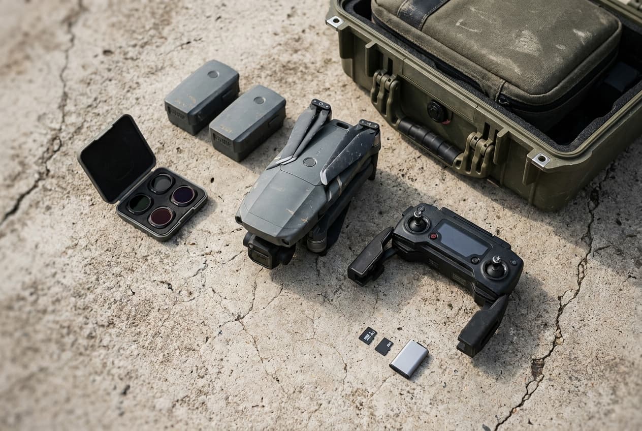 Drone, controller, batteries, and commercial flight gear laid out for a job