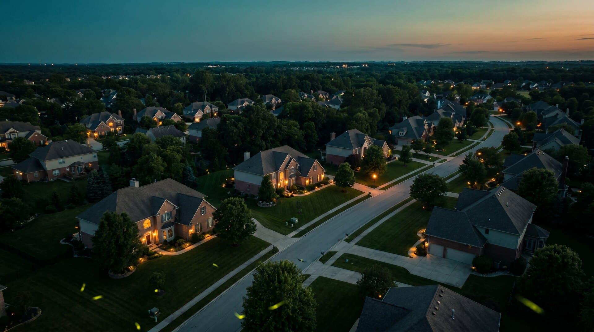 Residential property district photographed from the air at dusk