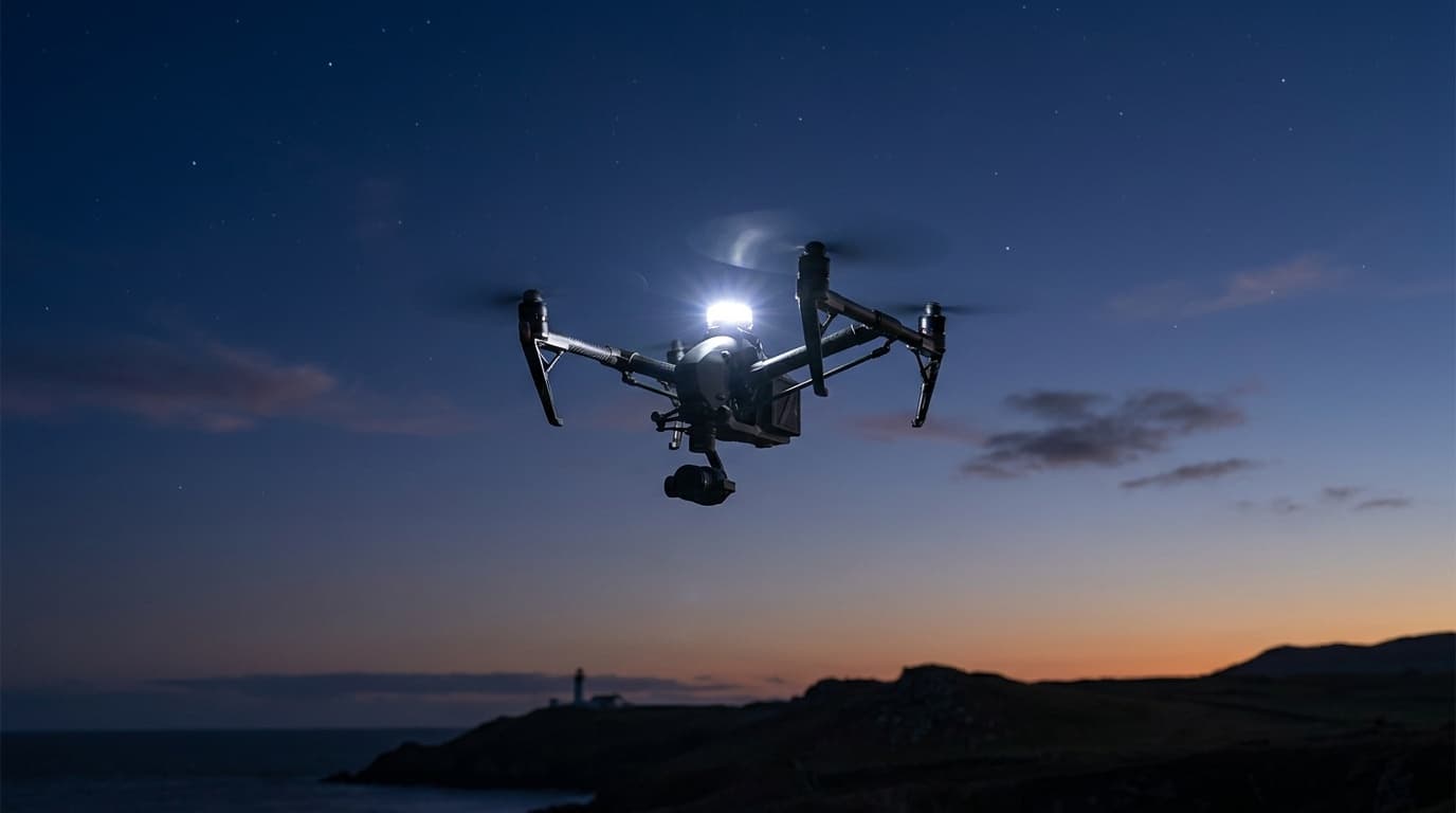 Drone broadcasting in low light, strobe visible
