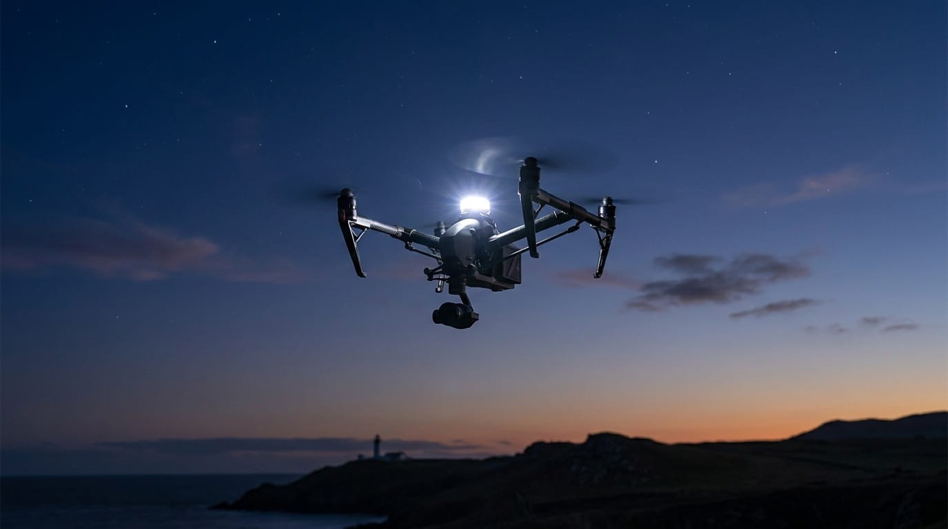 Drone anti-collision light visible during a low-light public-safety training scenario