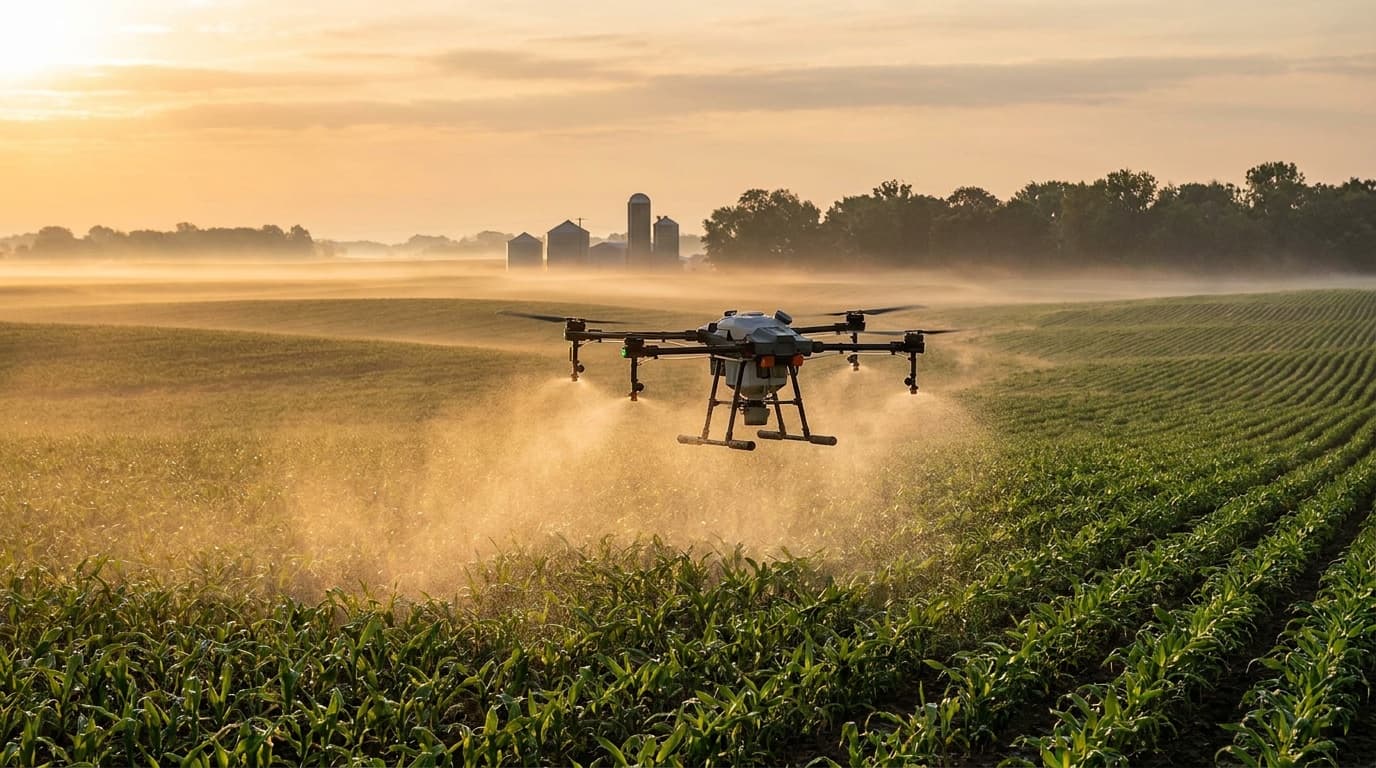 Agricultural spray drone laying a plume over crop rows at dawn