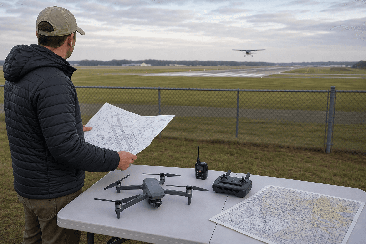 Illustration of a small drone near an airport approach path with aircraft on final (not Dallas Love Field or DFW)