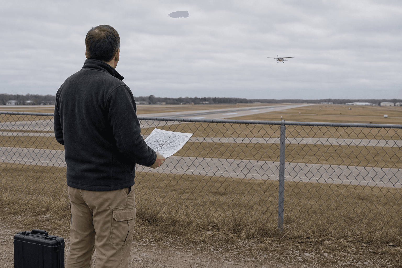 Illustration: a drone pilot at an airport perimeter, near runways and approach paths (not an FCC image)