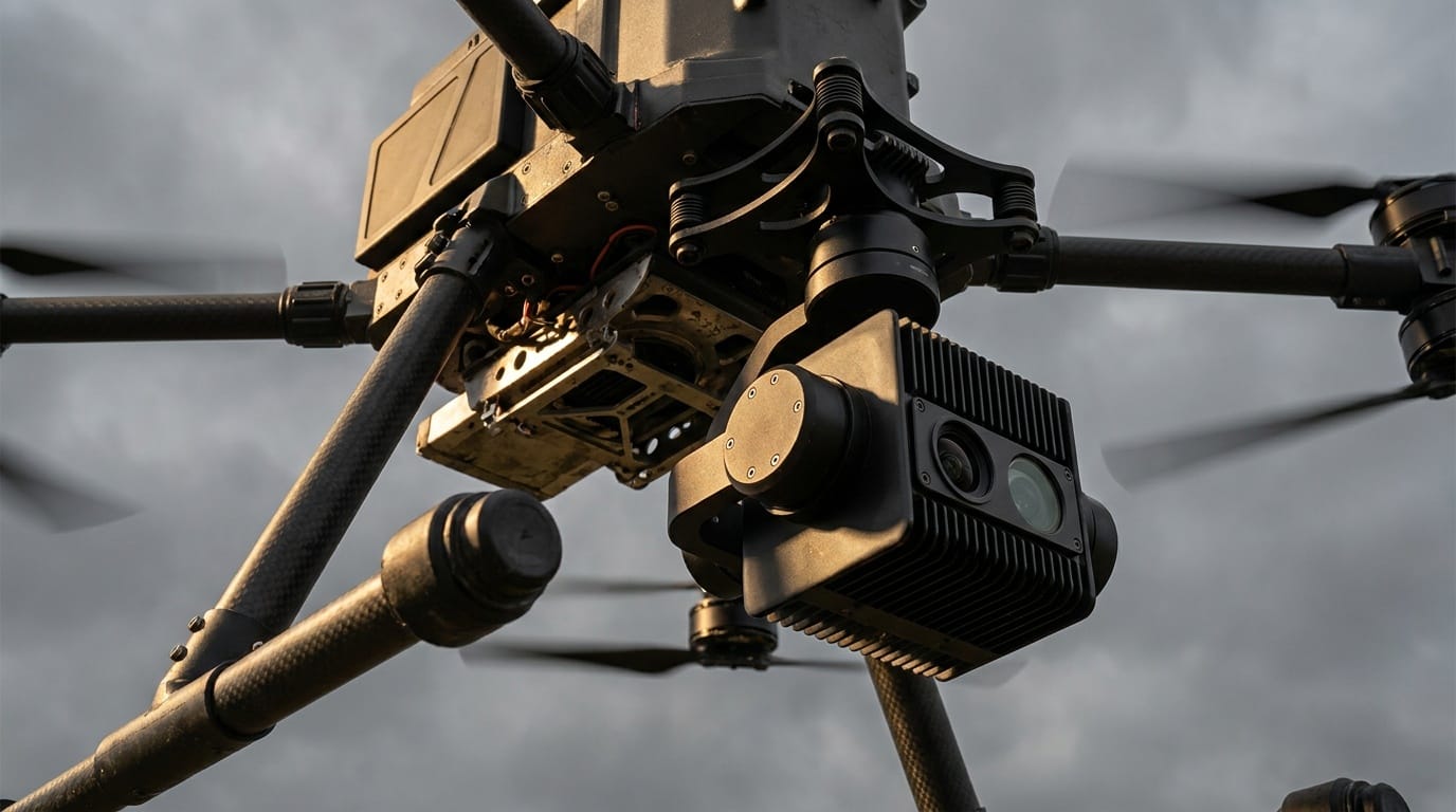 Close view of a professional drone payload and imaging sensors