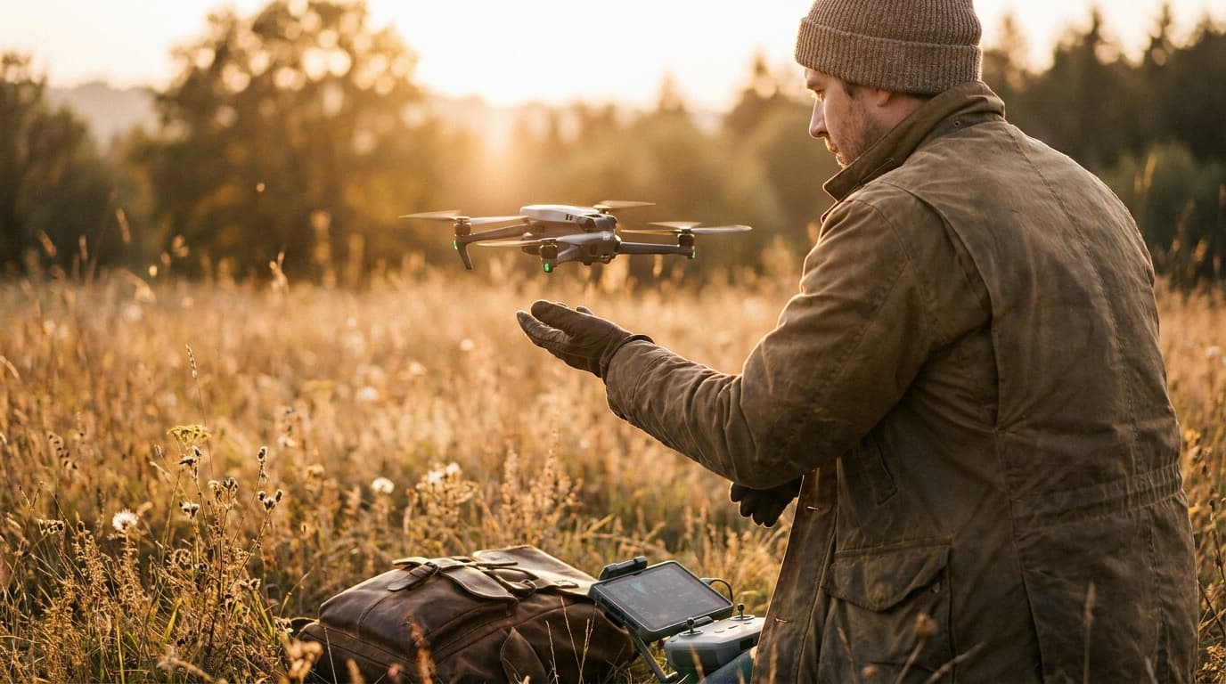 Commercial drone pilot launching an aircraft in the field