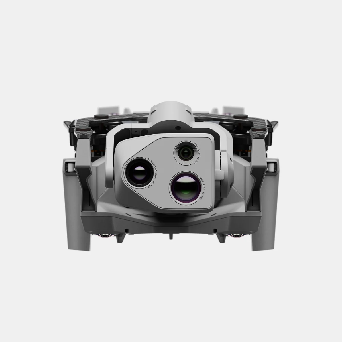Front view of the Skydio X10D and its three-camera sensor package