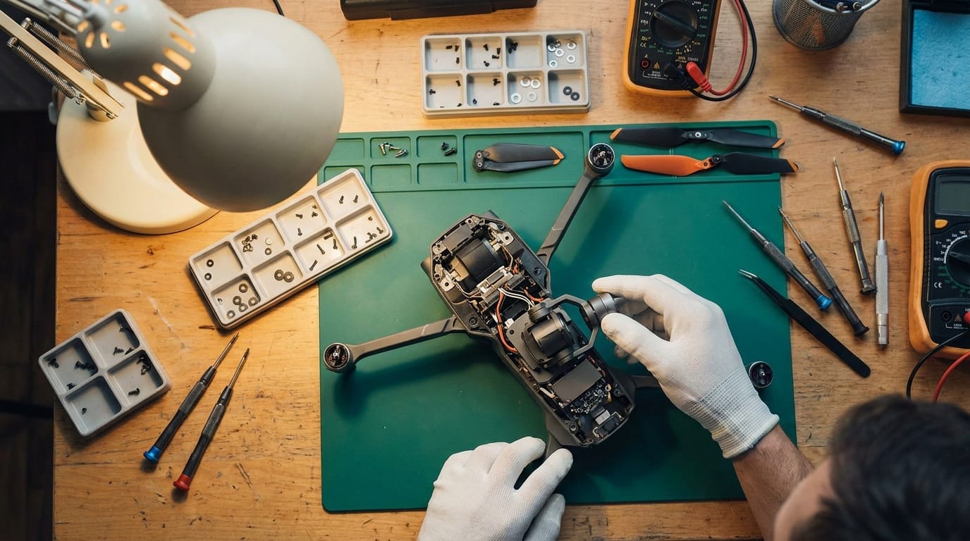 Disassembled drone on a repair bench with precision tools