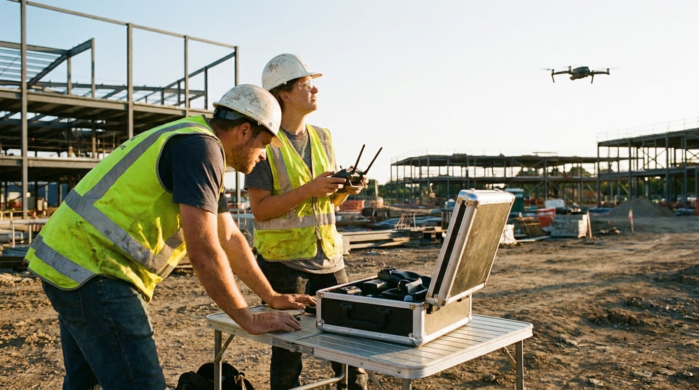 Drone crew reviewing a flight plan beside an active construction site