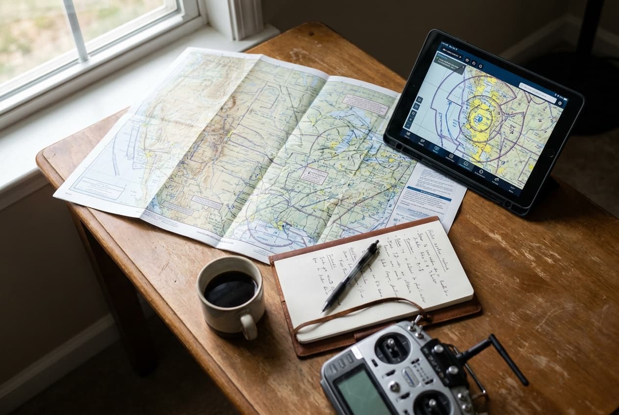 FAA sectional charts and study notes prepared for the Part 107 knowledge test