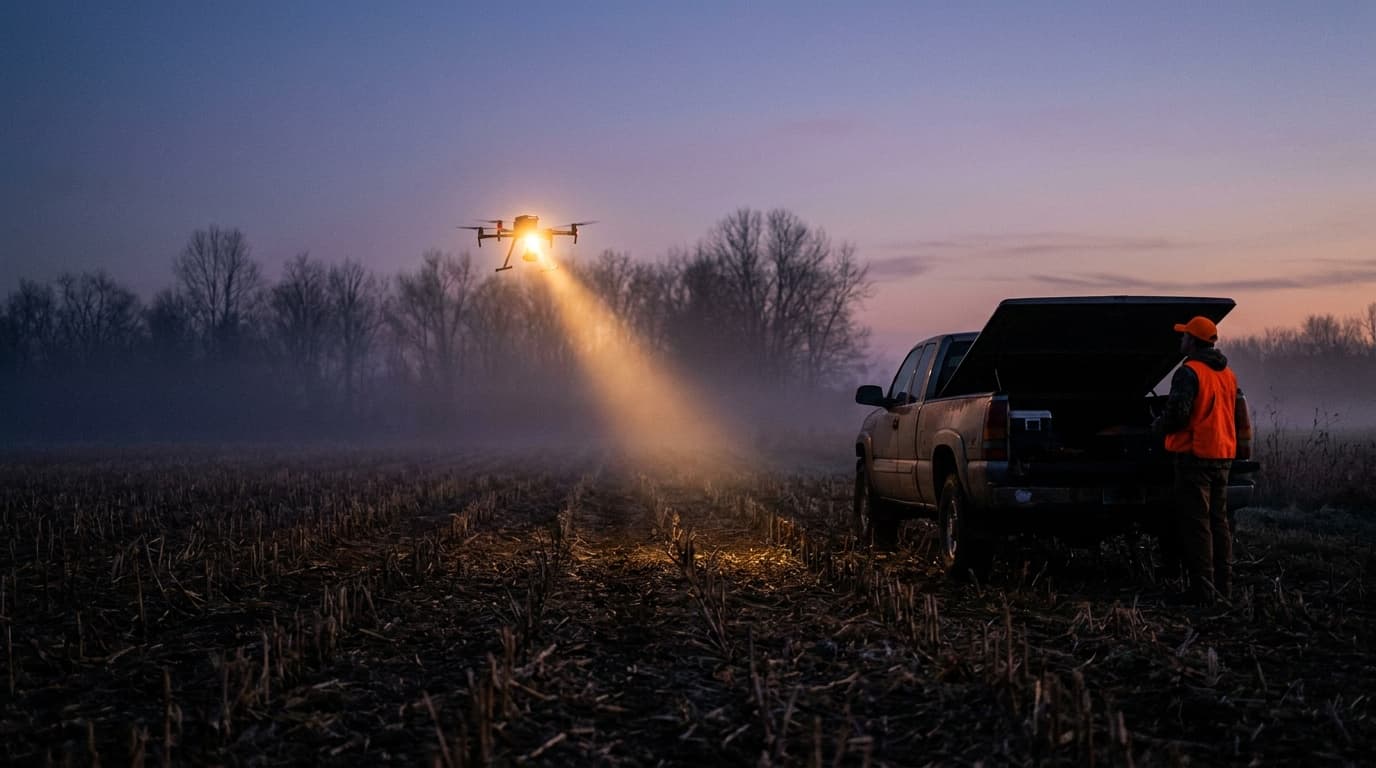 Recovery drone with searchlight over a dark field, hunter at a pickup