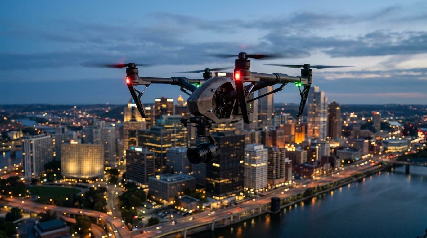 Aerial view of an urban environment at dusk