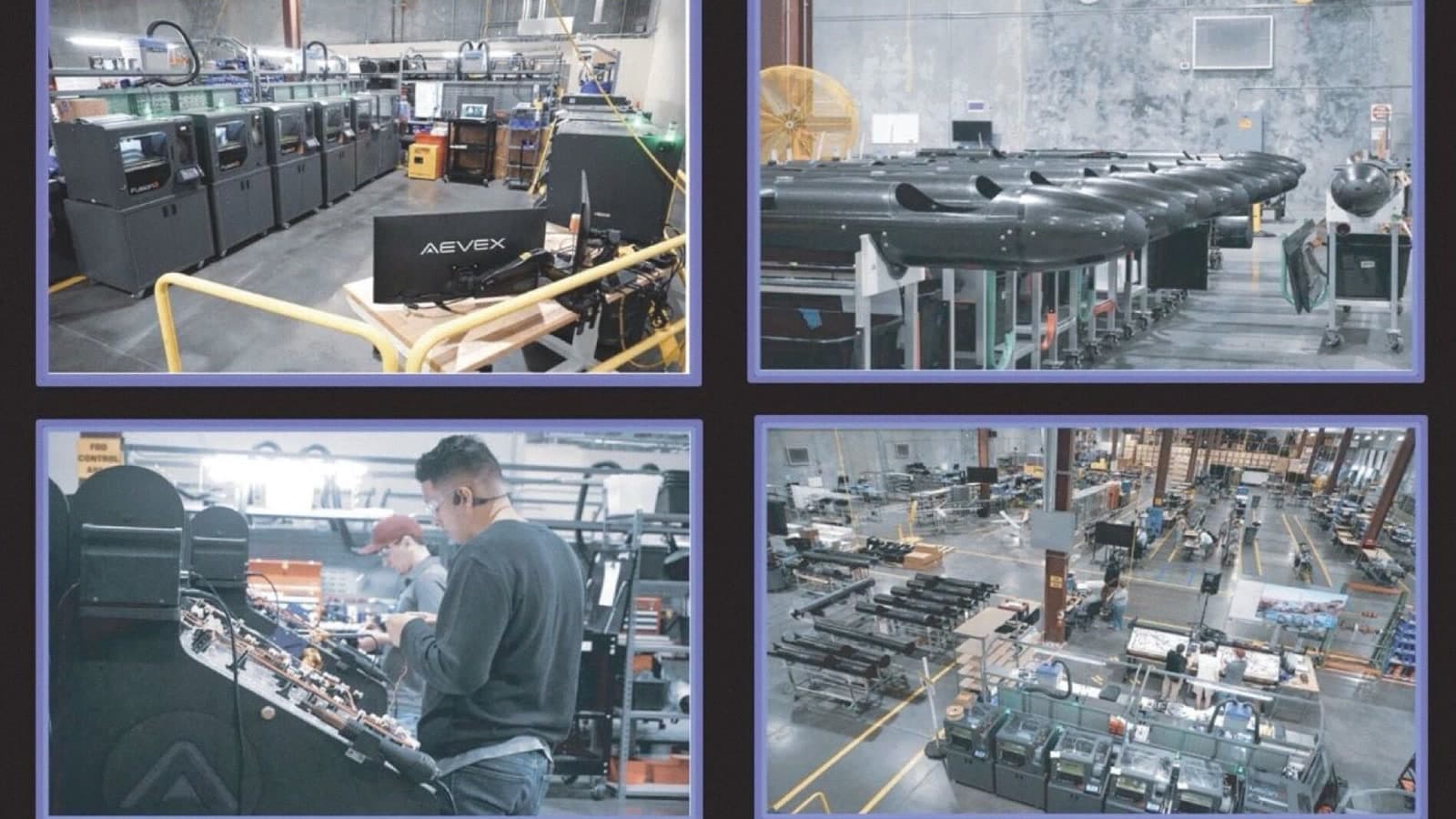 Four views of AEVEX manufacturing operations, including additive manufacturing equipment, aircraft components, technicians, and the production floor