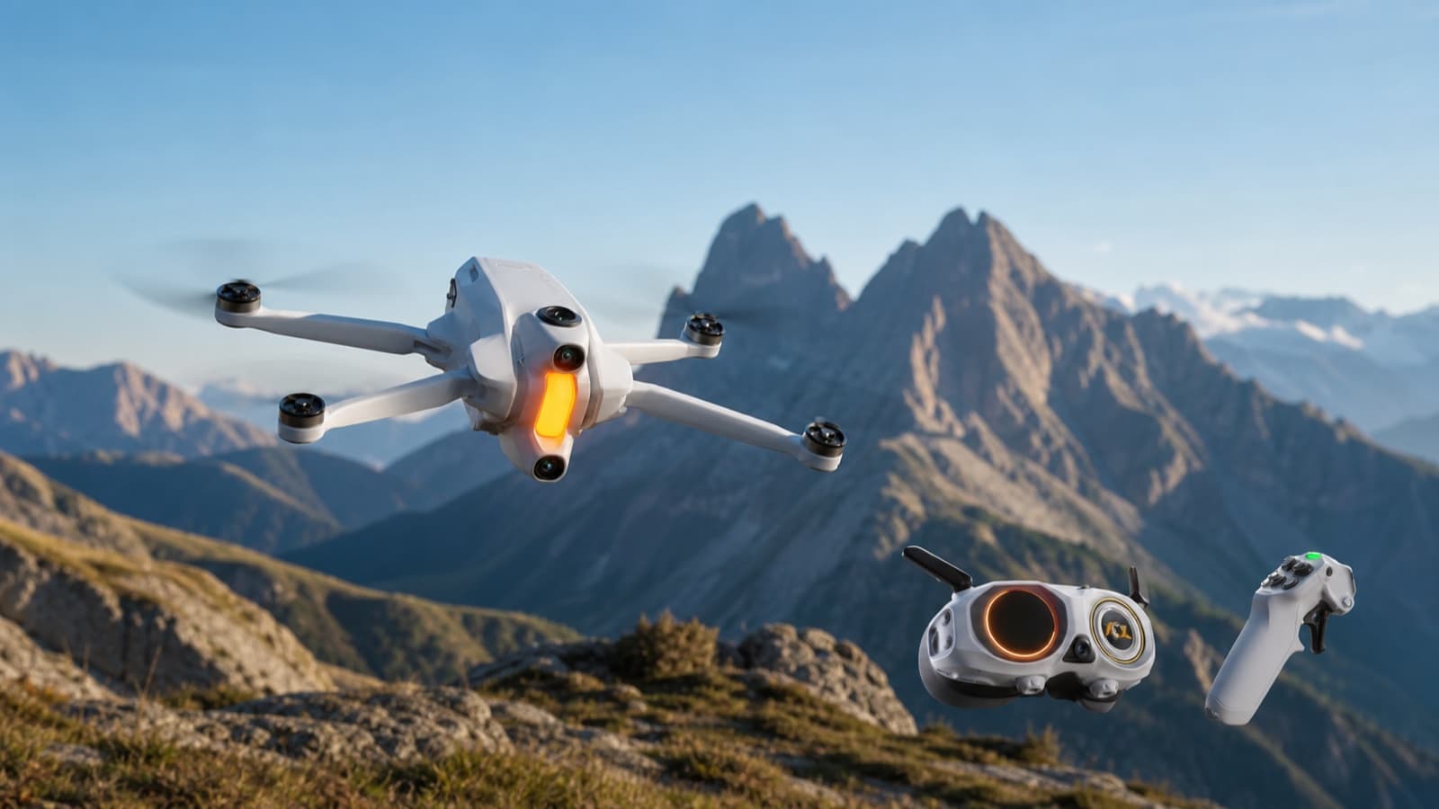 Antigravity A1 360 drone flying above a mountain landscape with its Vision goggles and motion controller shown nearby