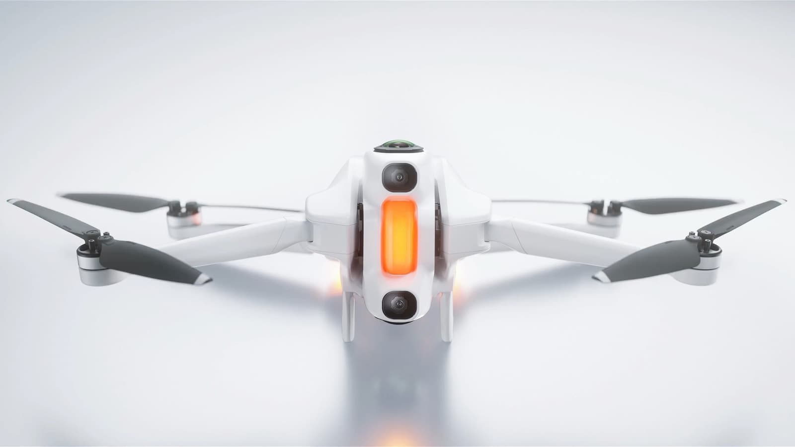 Front view of the Antigravity A1 with its dual 360-degree camera lenses and landing gear extended