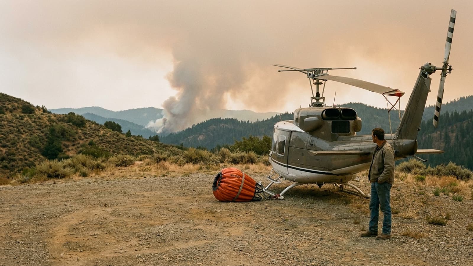 An idle firefighting helicopter parked at a mountain helibase while a wildfire smoke column rises in the distance