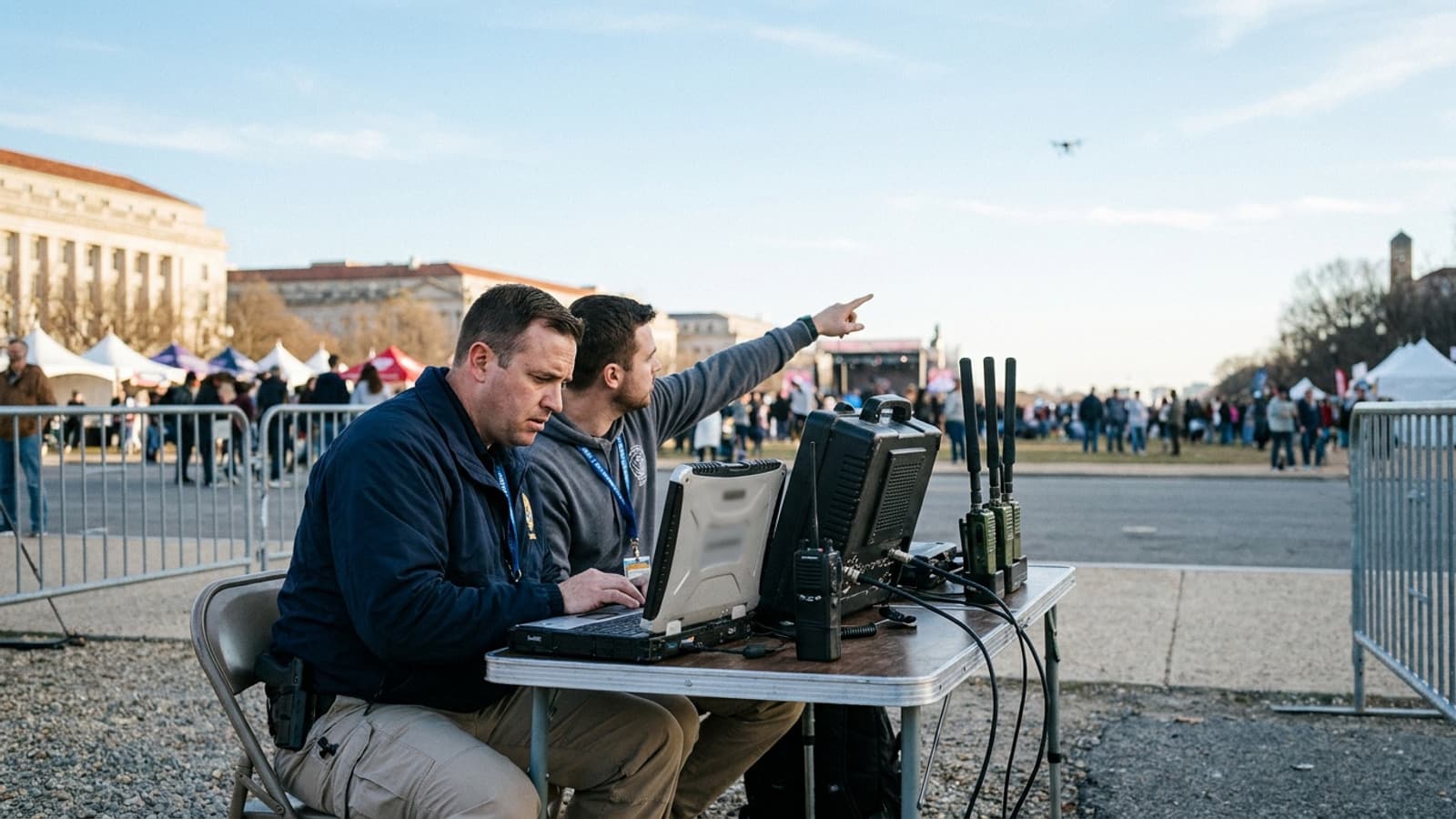 Two trained public-safety operators monitoring a distant drone from a temporary detection station near a civic event