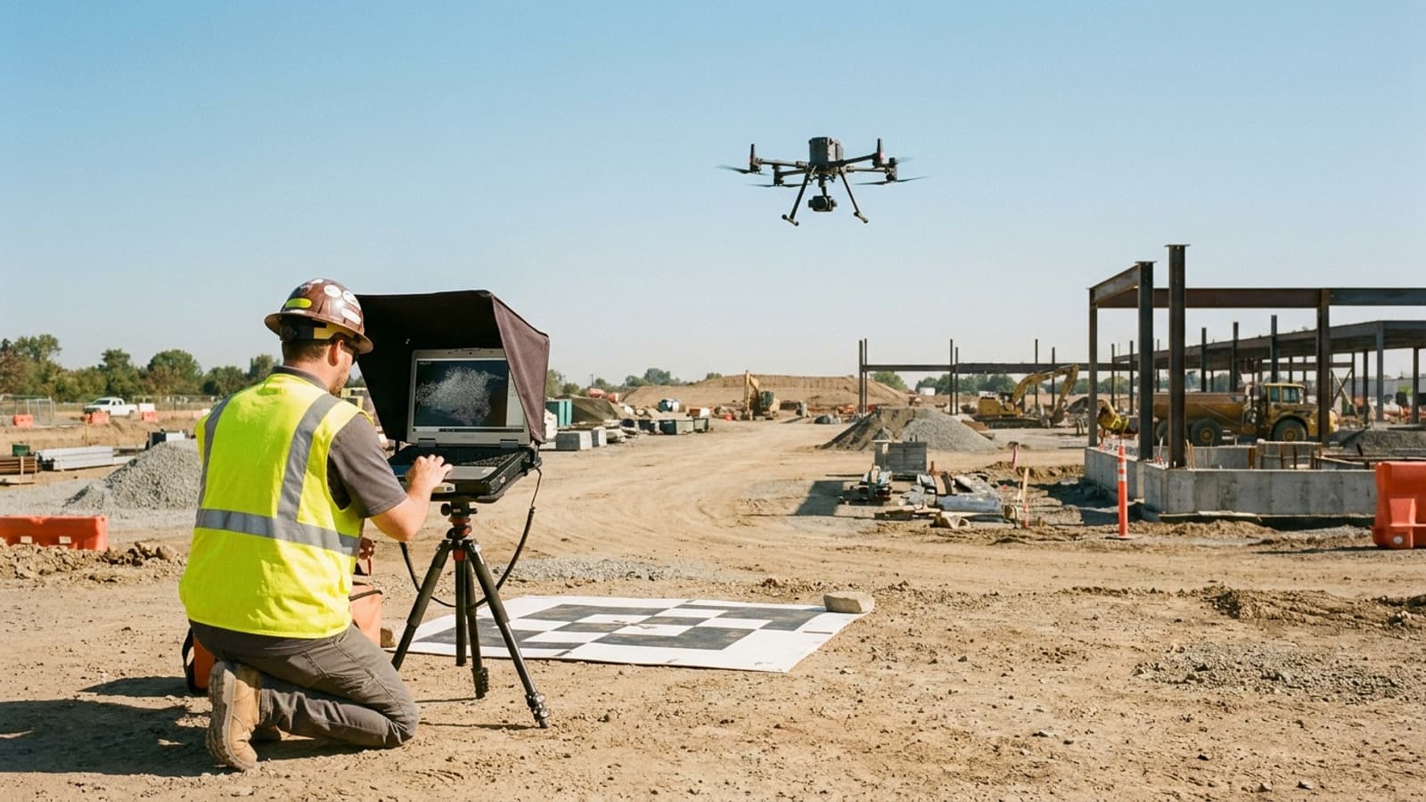 Construction mapping crew using a survey drone, ground-control target, and field laptop on an active site