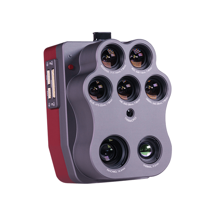 MicaSense Altum-PT Pro showing its multispectral, panchromatic, and thermal lenses