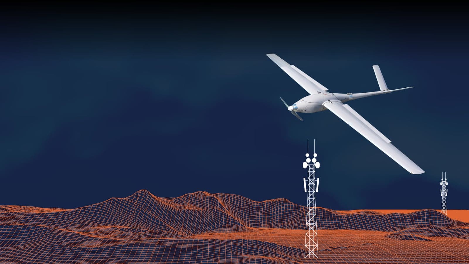 Fixed-wing drone flying over a network of ground towers and mapped terrain