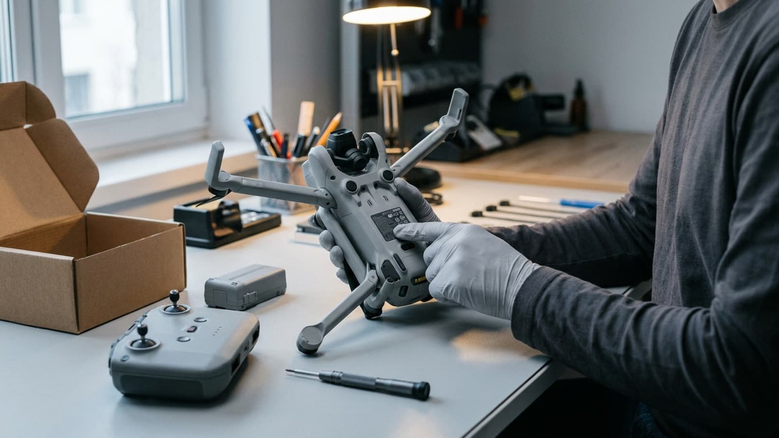Technician inspecting the regulatory identification plate beneath a compact camera drone on an electronics compliance bench