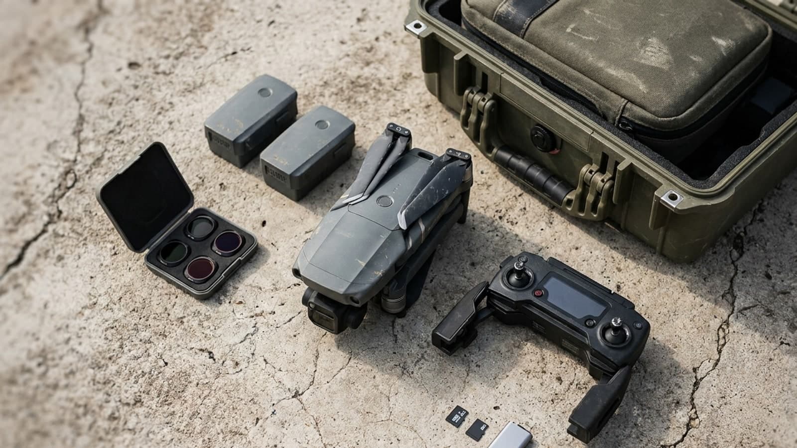Drone, controller, batteries, and field accessories arranged for inspection and firmware maintenance