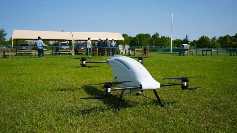 A blueflite cargo drone at an earlier demonstration for Ford Customer Service Division staff