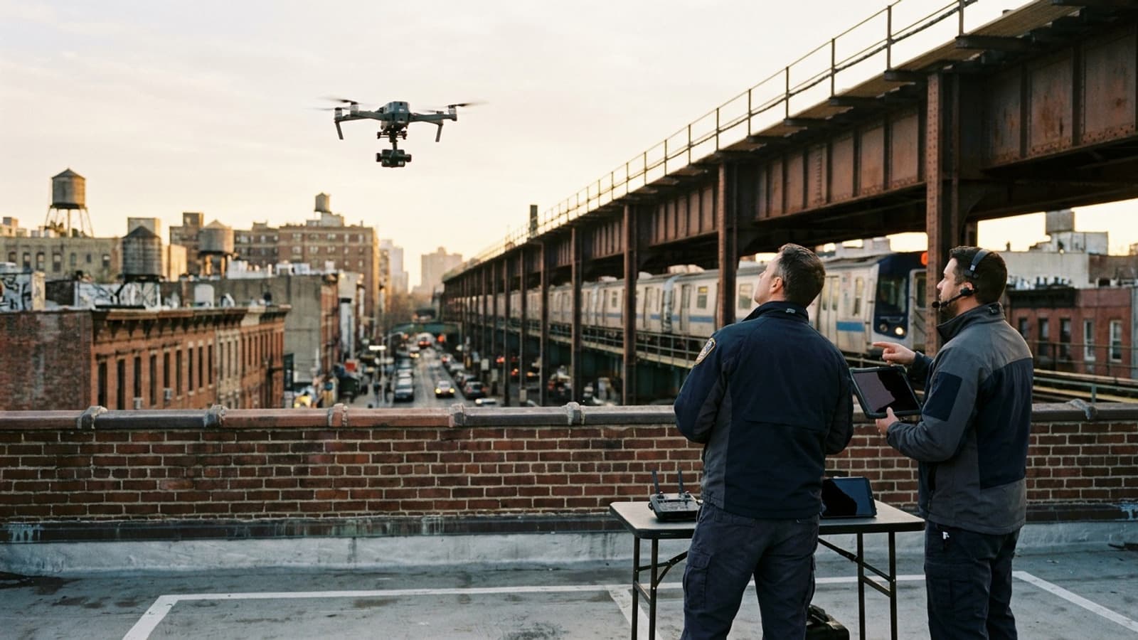 Public-safety drone team observing elevated subway infrastructure from a controlled rooftop launch area