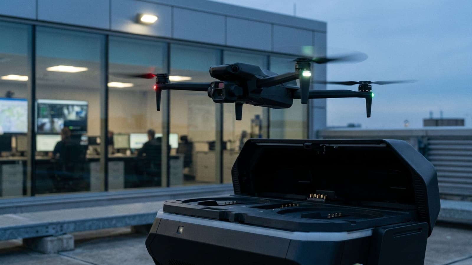 Rugged public-safety drone approaching a rooftop docking station above a municipal operations center