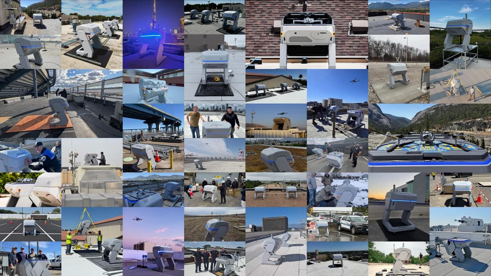Collage of Skydio Dock installations at public-safety, industrial, and infrastructure sites