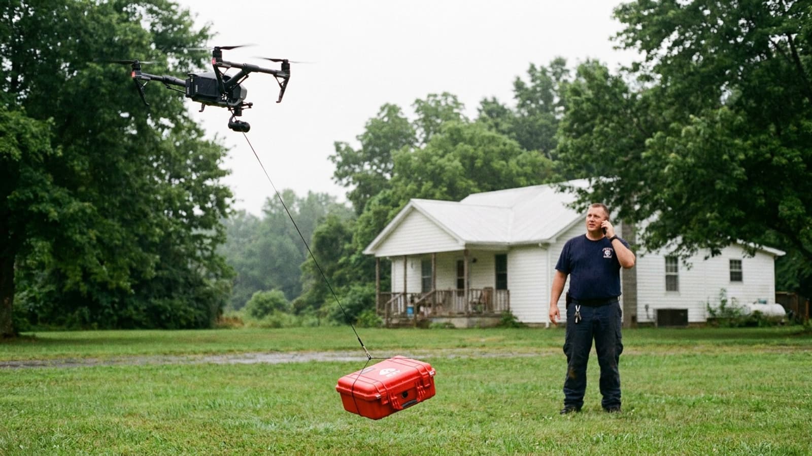 Emergency-services drone lowering a red AED case by tether beside a rural Virginia home