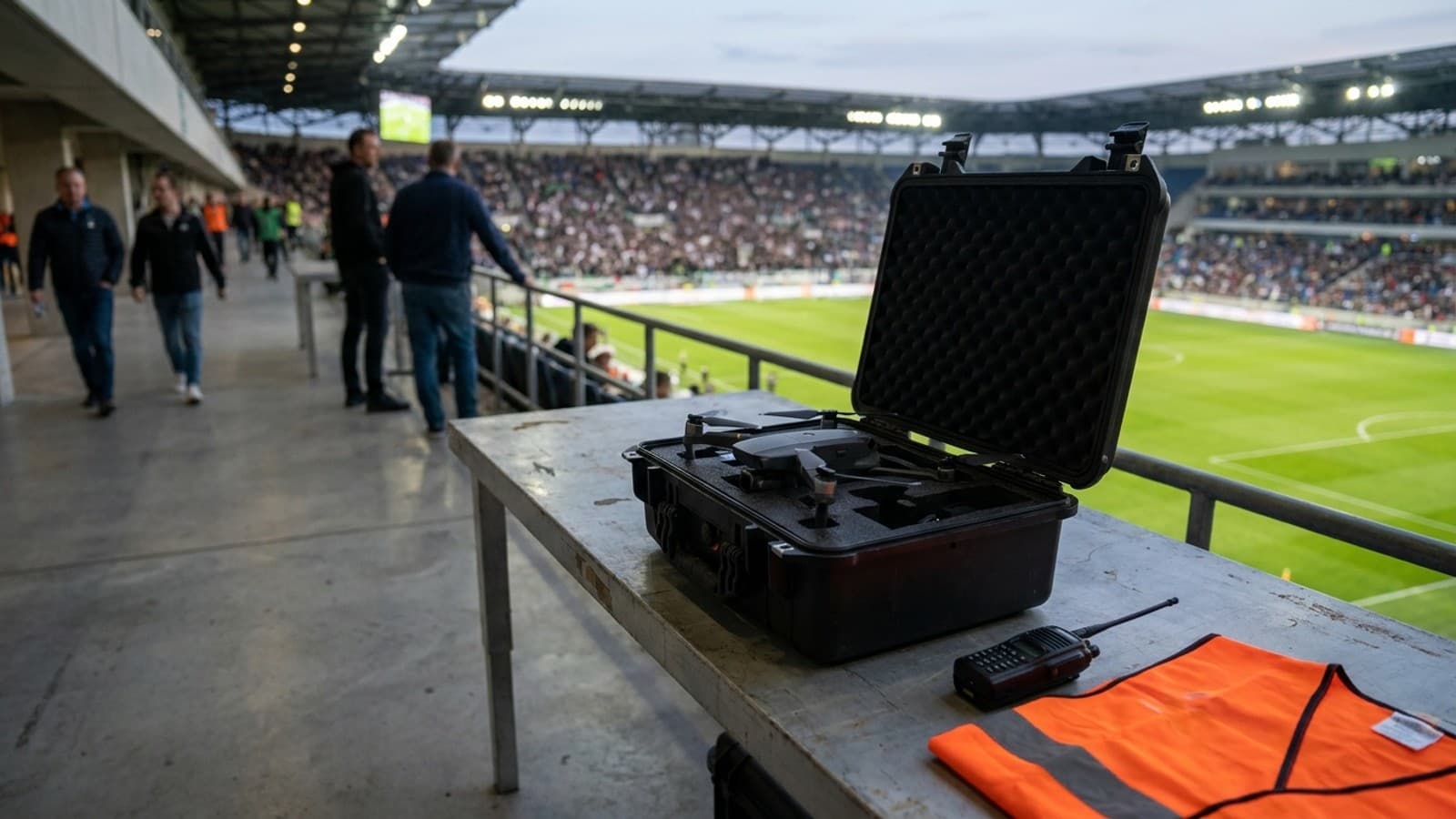A small drone secured in an open evidence case beside event-safety equipment at a stadium