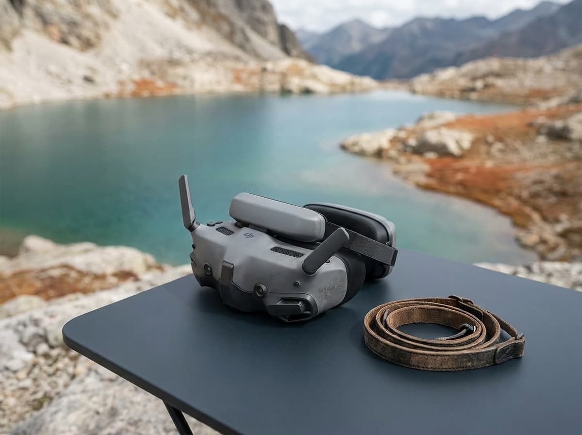 DJI Goggles 3 FPV headset on a field table