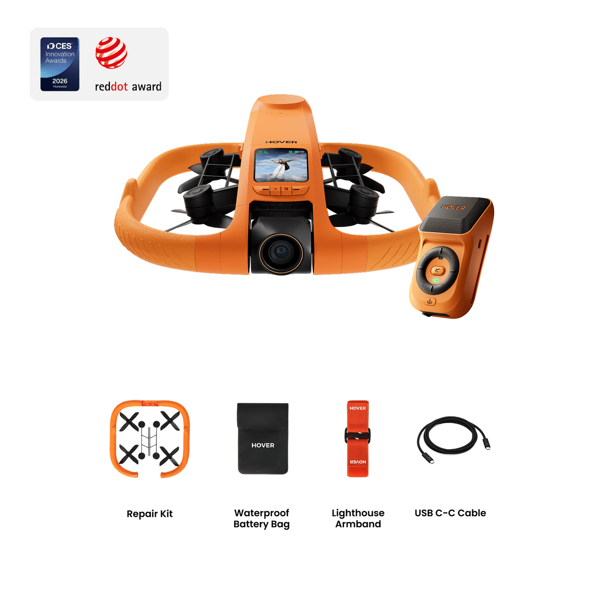 Orange HOVERAir AQUA waterproof follow camera and Beacon controller