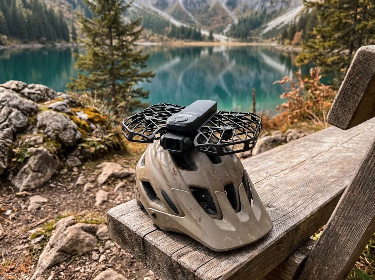 HOVERAir X1 Pro resting on a mountain-bike helmet
