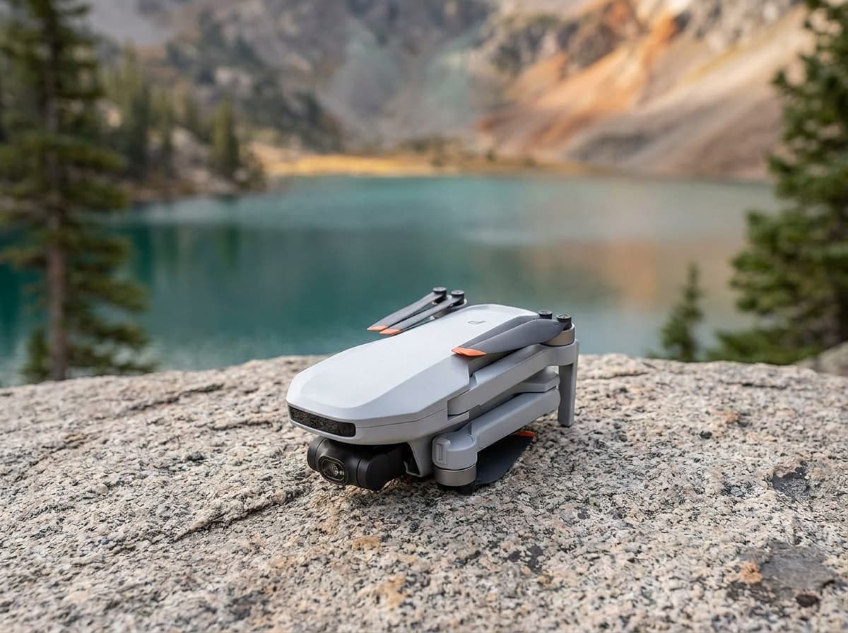 Potensic ATOM 2 folded on a granite rock by an alpine lake
